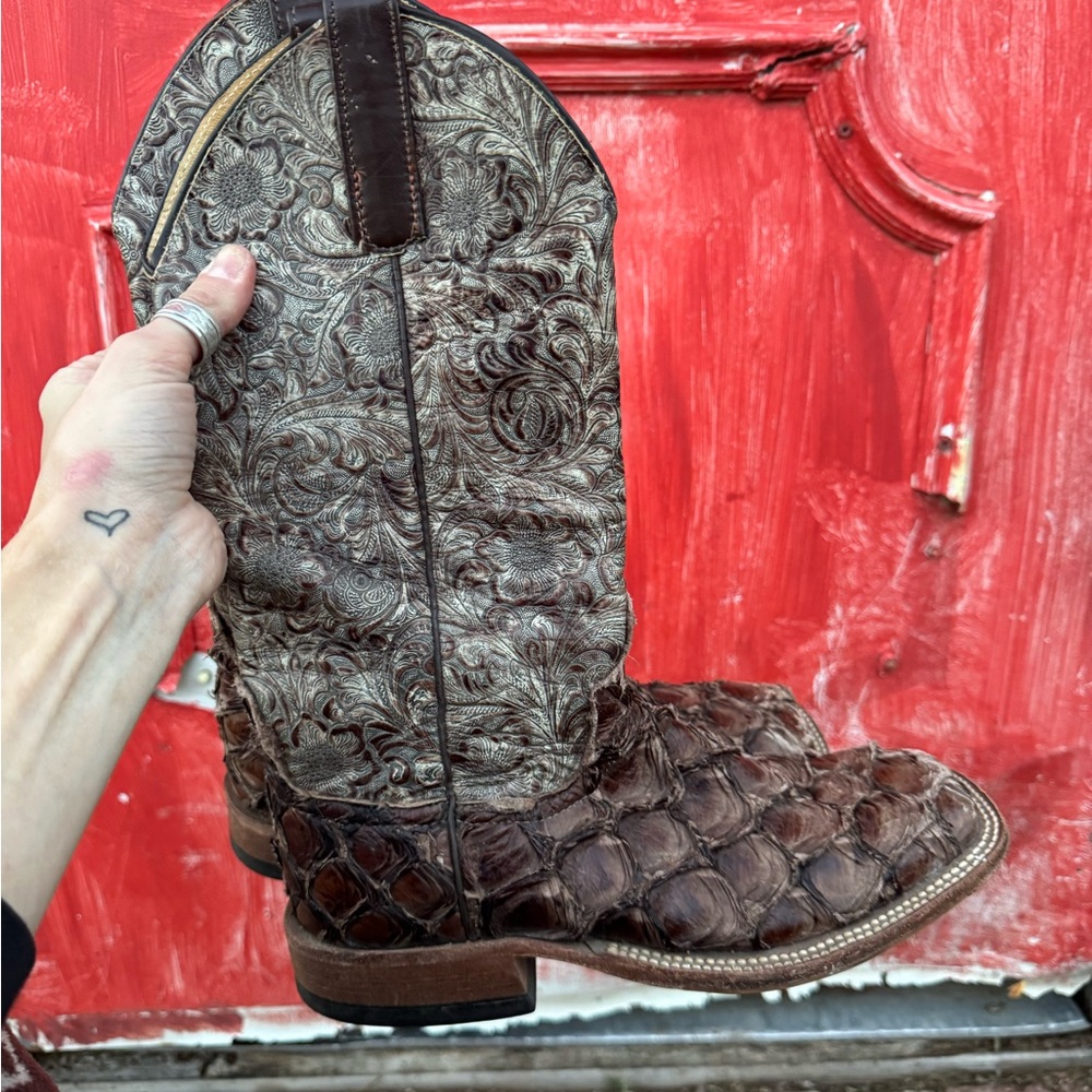 Anderson Bean Brown Embossed Leather Bass Boots
